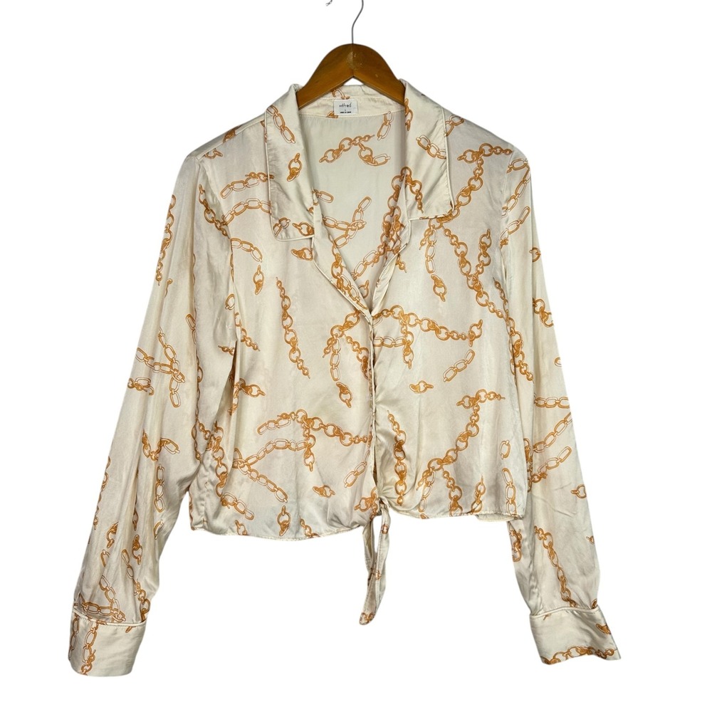 Wilfred Aritzia 100% Silk Chain Print Tie Front Blouse L Cream Gold Long Sleeve